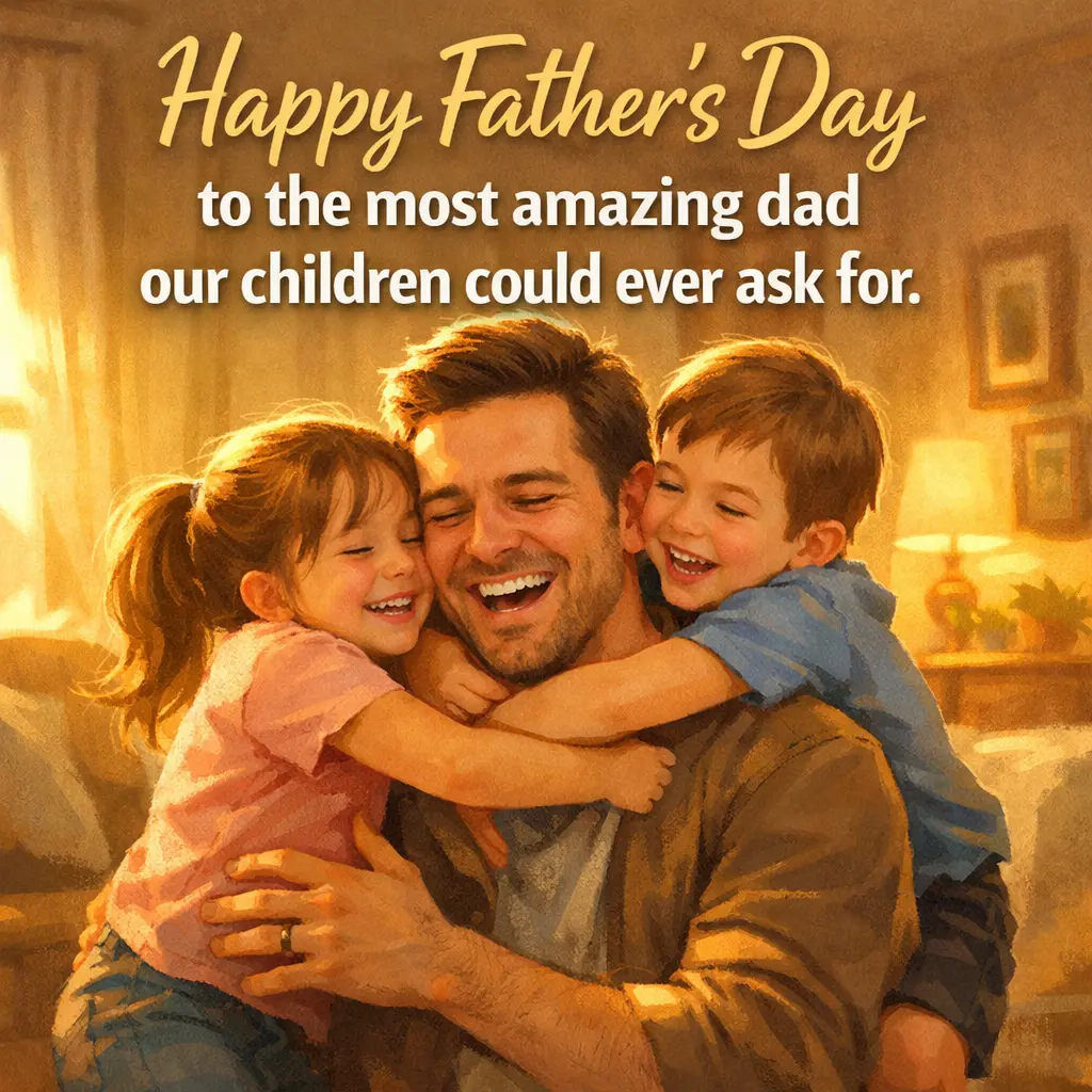 A warm illustrated family scene showing a joyful father playing with his children, highlighting appreciation for an amazing dad on Father's Day.