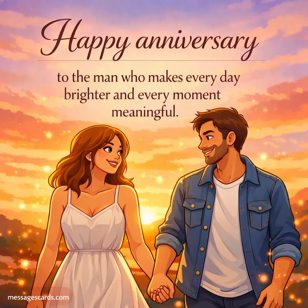 Romantic illustrated sunset scene of a couple celebrating anniversary with a heartfelt message about making life brighter and meaningful moments together
