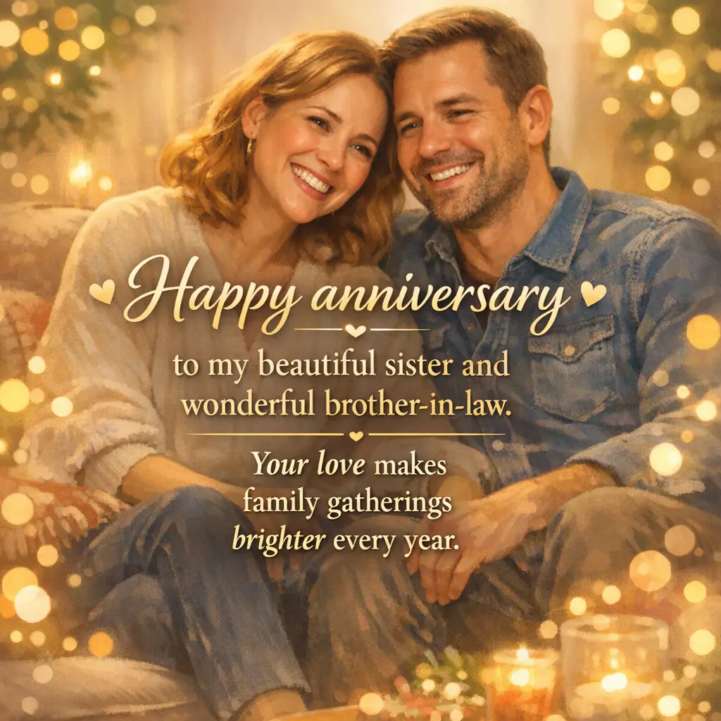 Warm illustrated family gathering scene with a loving couple and heartfelt anniversary quote celebrating how their love brightens family moments