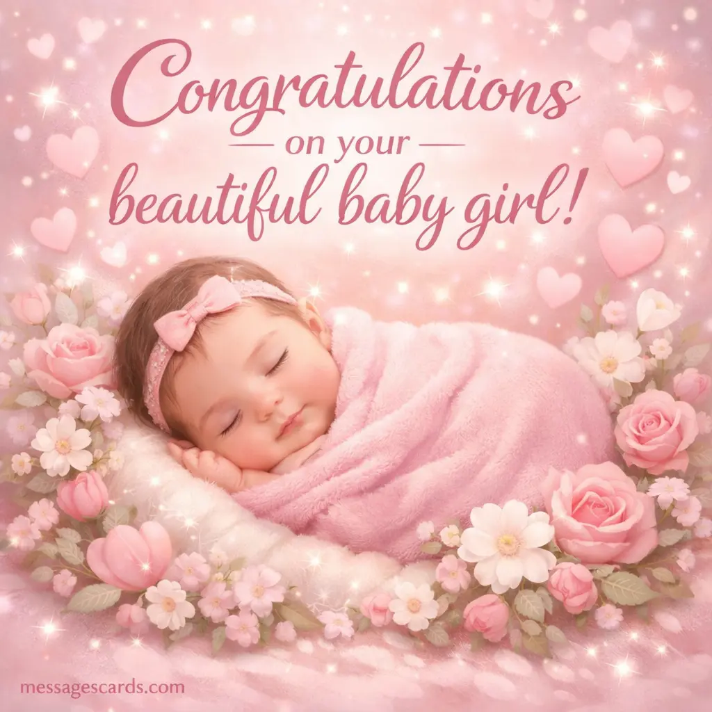 A sweet baby girl themed illustration with pink tones celebrating the arrival of a newborn daughter.