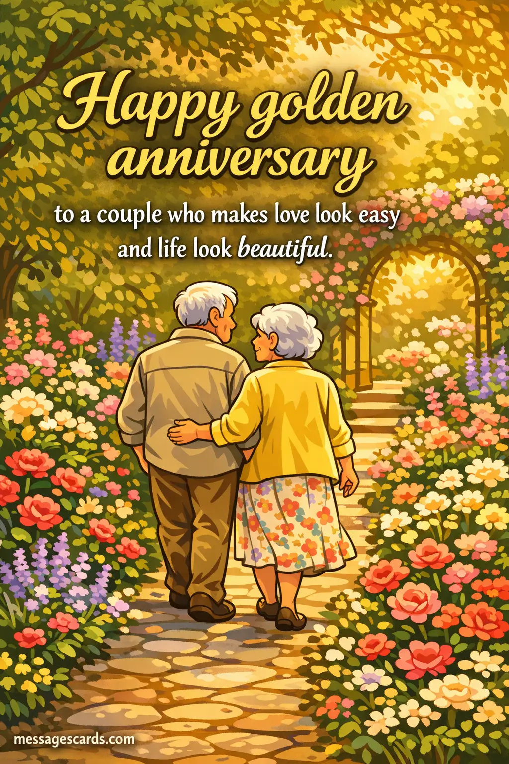 Peaceful garden scene with an older couple walking together symbolizing effortless love and a beautiful shared life