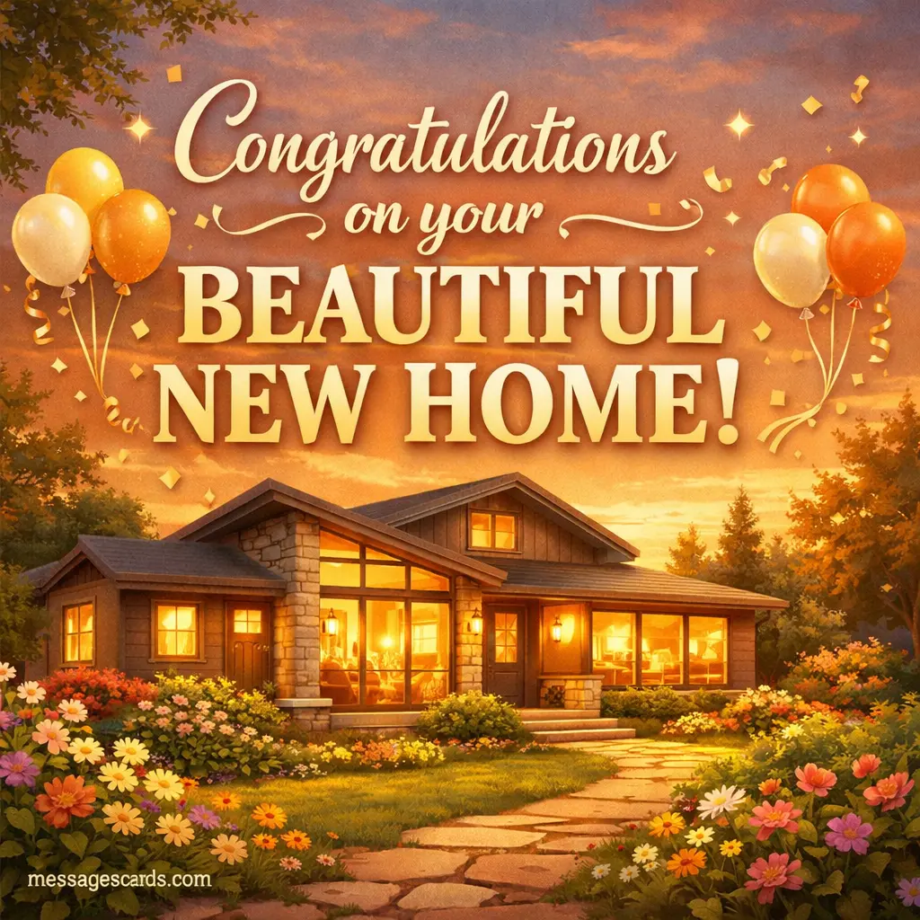 A warm illustrated house at sunset celebrating a new home with a joyful congratulatory quote about a beautiful new home.