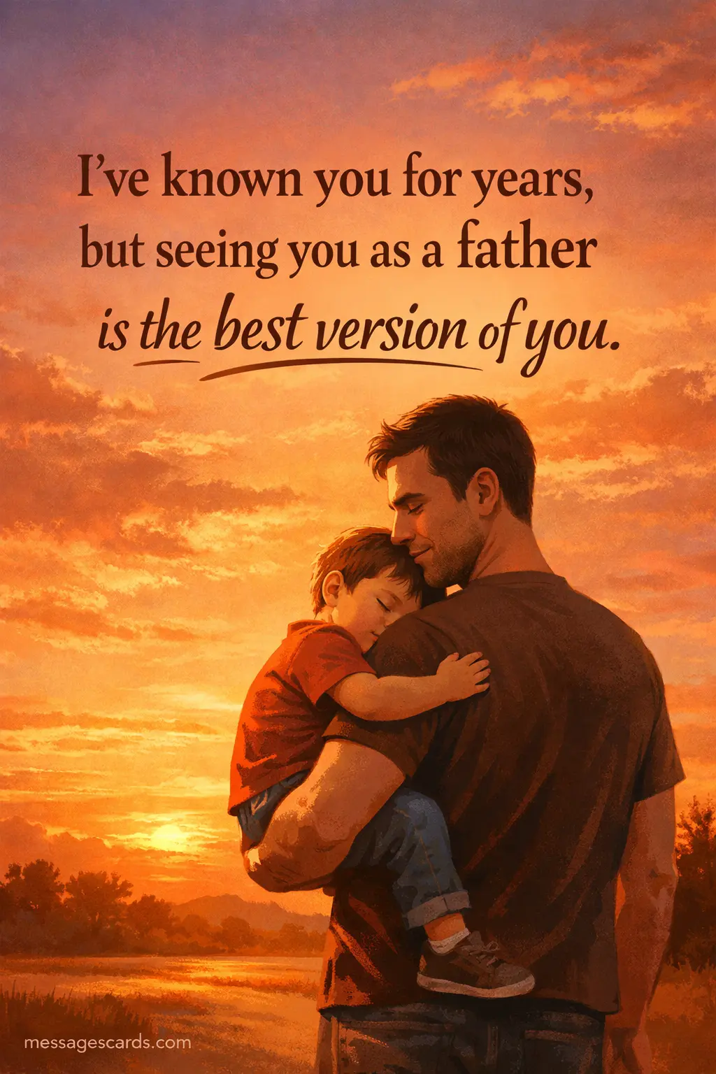An emotional sunset illustration of a father holding his child, symbolizing growth and the meaningful transformation into the best version of himself.