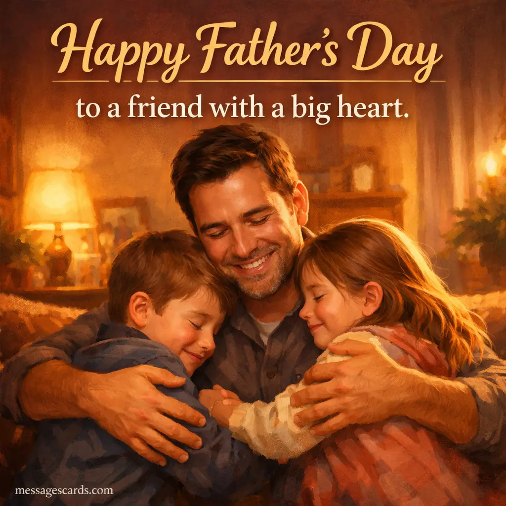 A cozy home illustration of a loving father hugging his children, emphasizing kindness and celebrating a friend with a big heart on Father's Day.