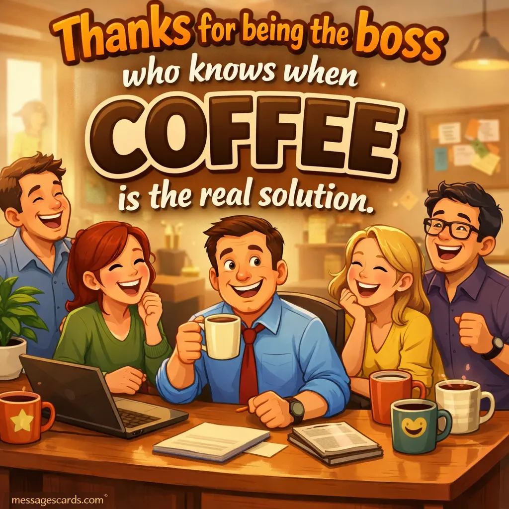 A cheerful office cartoon scene with a boss holding coffee, emphasizing humor and appreciation for understanding leadership moments.