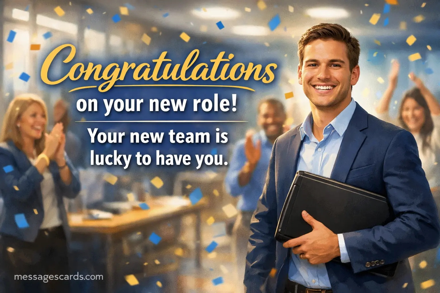 Bright celebratory workplace illustration highlighting a promotion message and congratulating someone on their new role and future success