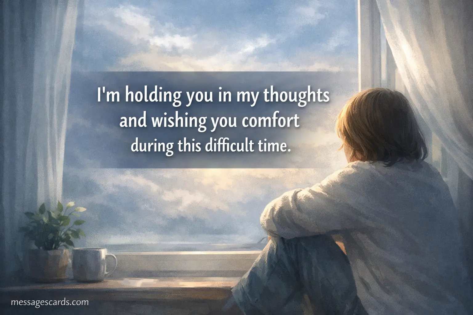 A peaceful reflective illustration with a person by the window representing empathy and thoughtful support during a difficult grieving period.