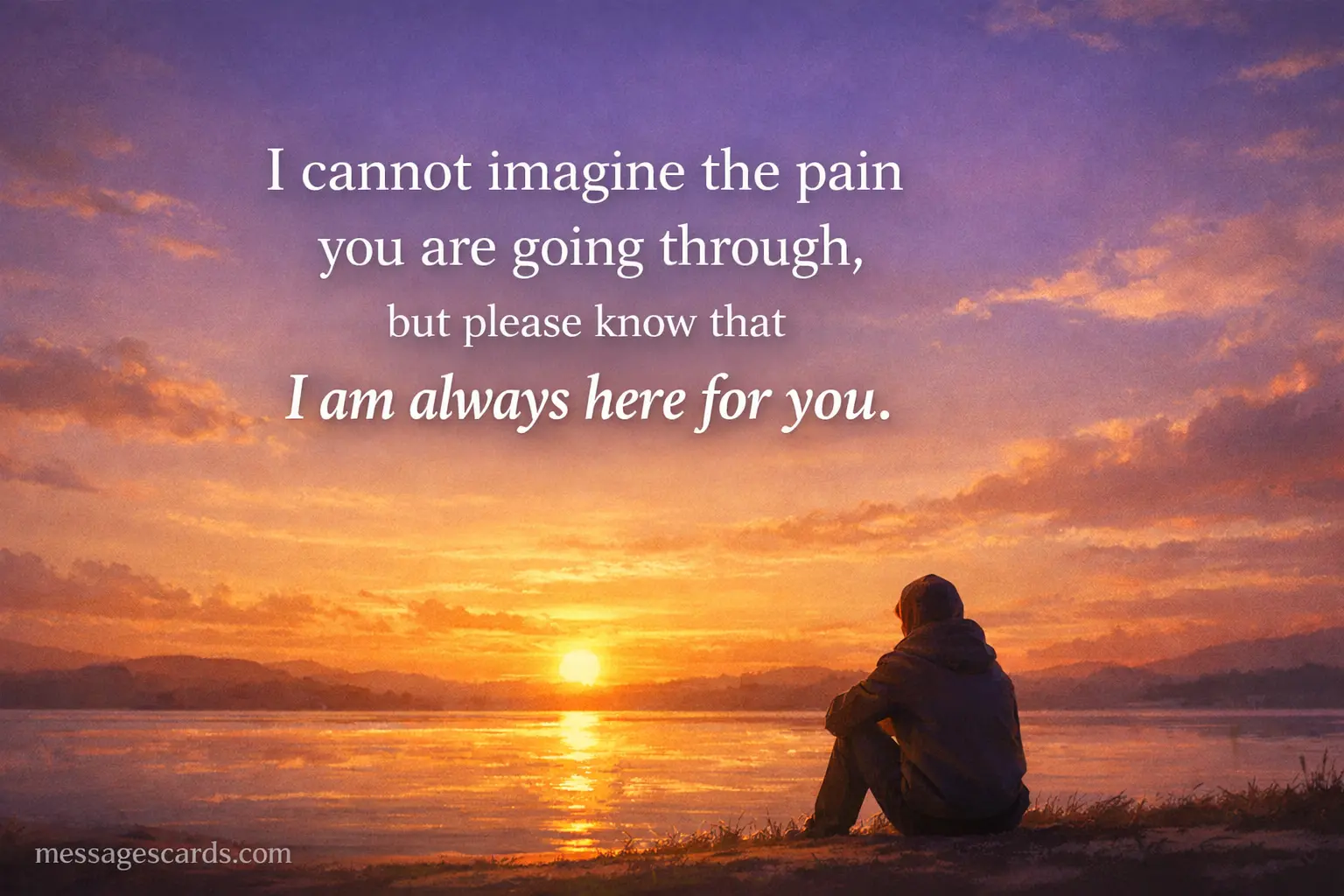 Emotional sunset illustration with supportive quote about being present during grief and offering comfort