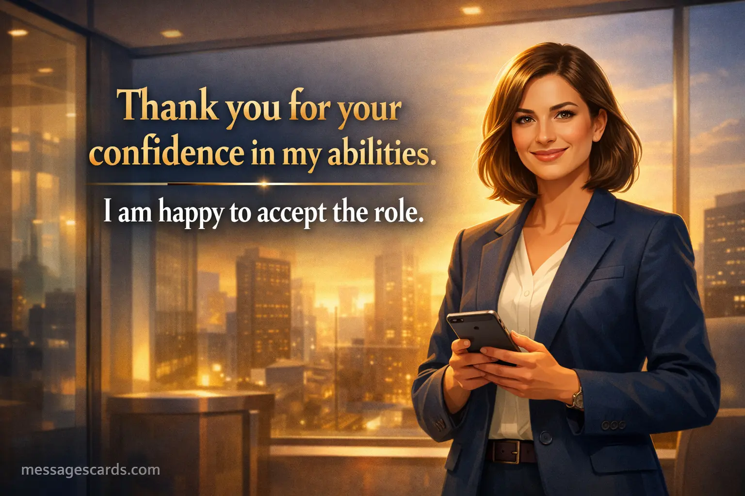 A confident illustrated workplace moment featuring a professional expressing appreciation and acceptance of a new role, representing career growth and trust.