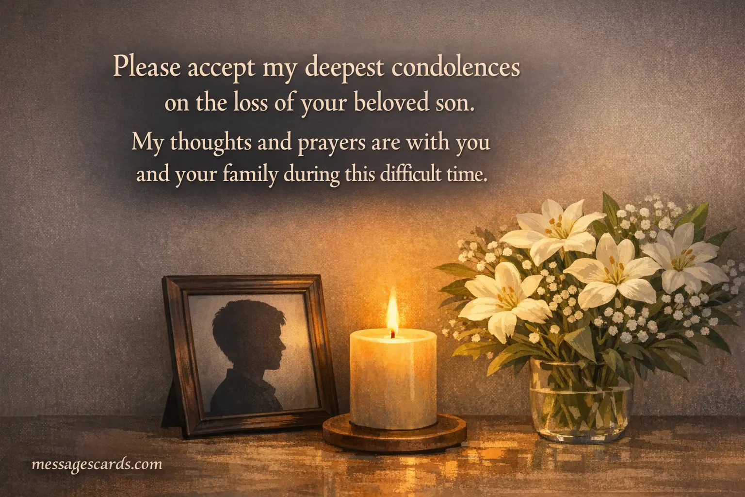 A warm indoor condolence setting with candlelight and flowers expressing support and sympathy, highlighting a message of prayers and heartfelt condolences for the loss of a son.
