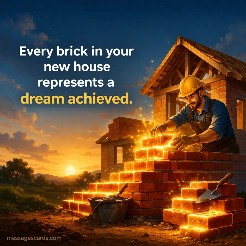 A symbolic house building scene with glowing bricks representing dreams achieved in a new home journey.
