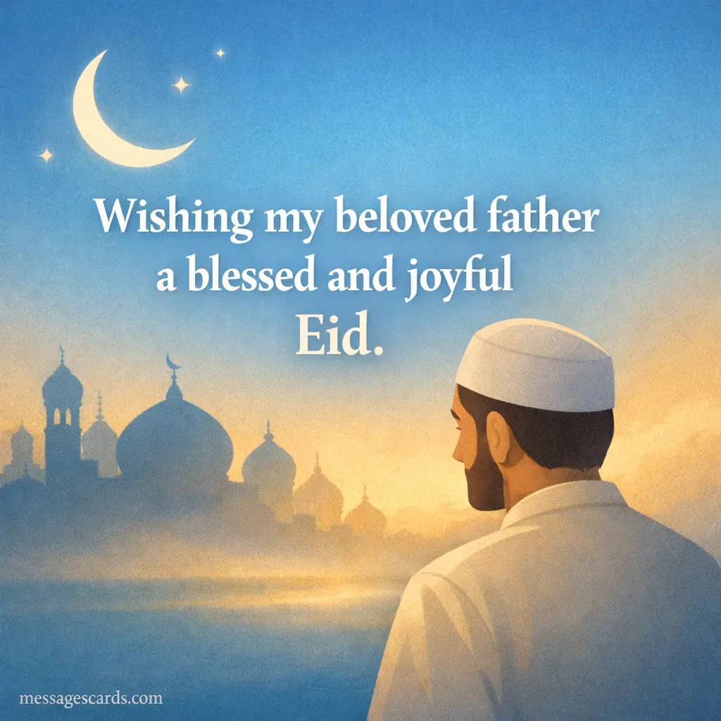 A calm minimalist Eid scene with a father figure, mosque silhouette, and crescent moon, representing a heartfelt wish for a blessed and joyful Eid.