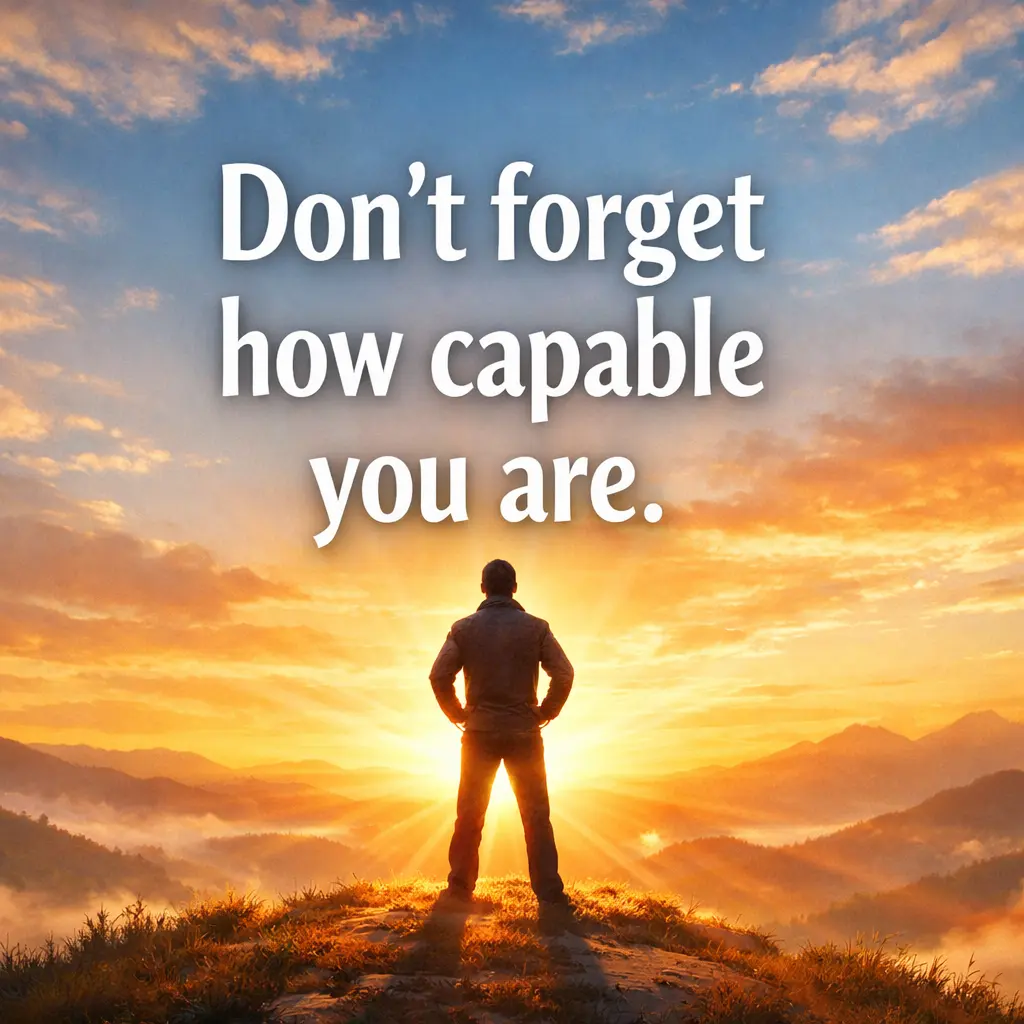 A motivational sunrise scene with a man standing confidently on a hill, symbolizing self-belief and inner strength with an encouraging quote about capability.