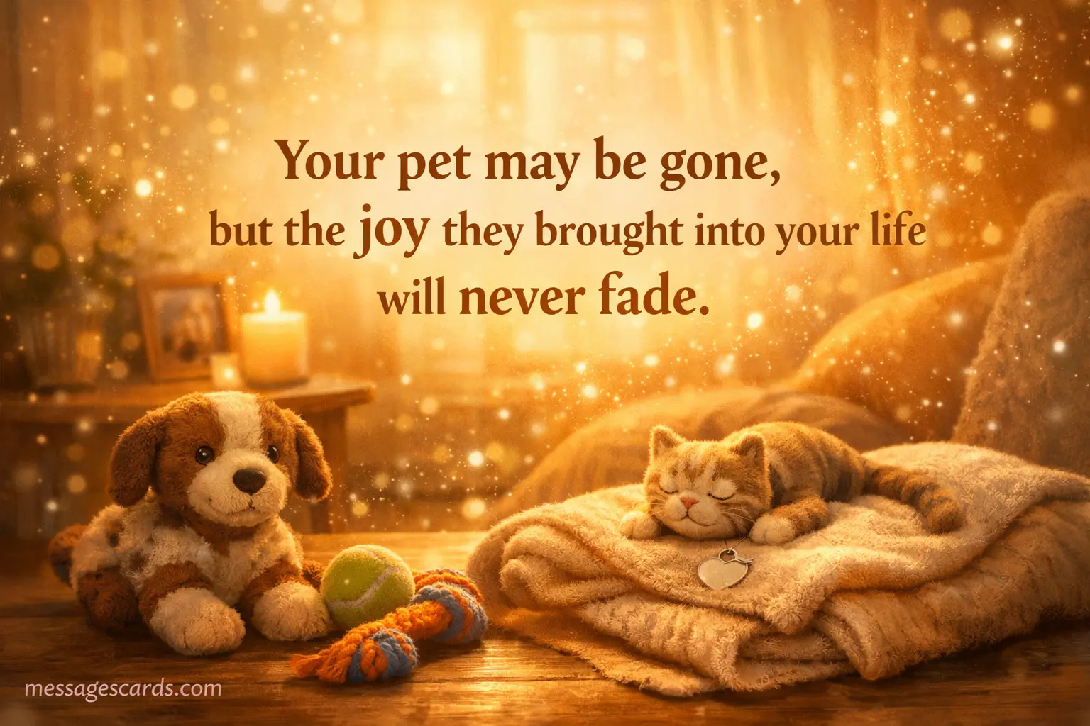 A warm illustrated home scene with glowing memories and pet items symbolizing lasting joy and love after losing a pet, paired with a comforting message.