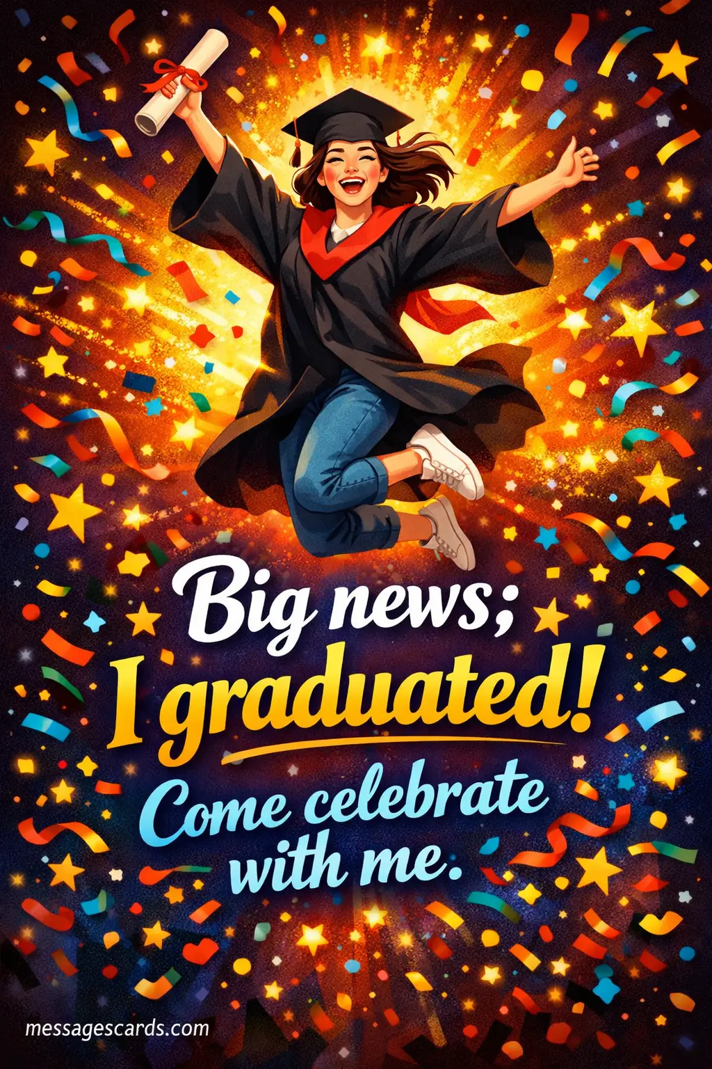 Energetic cartoon-style graduation moment with a graduate jumping and confetti flying, showcasing an exciting graduation announcement quote