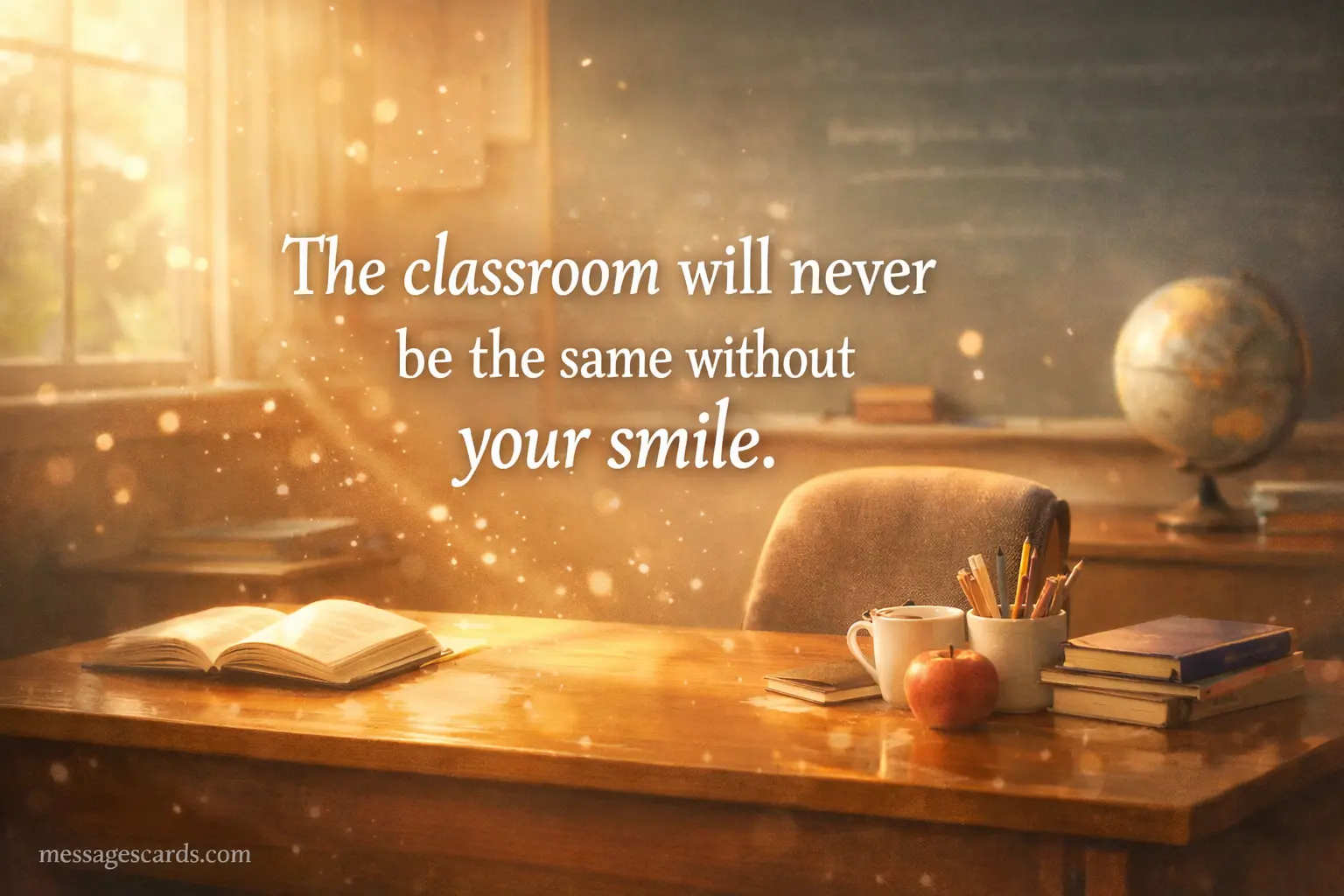 A soft nostalgic classroom scene capturing the absence of a beloved teacher’s smile with a touching farewell quote.