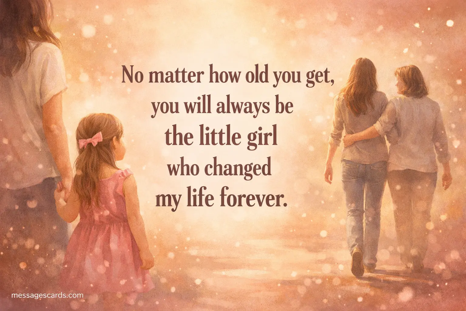 A nostalgic illustration showing a daughter growing from childhood to adulthood with a sentimental quote about unconditional love