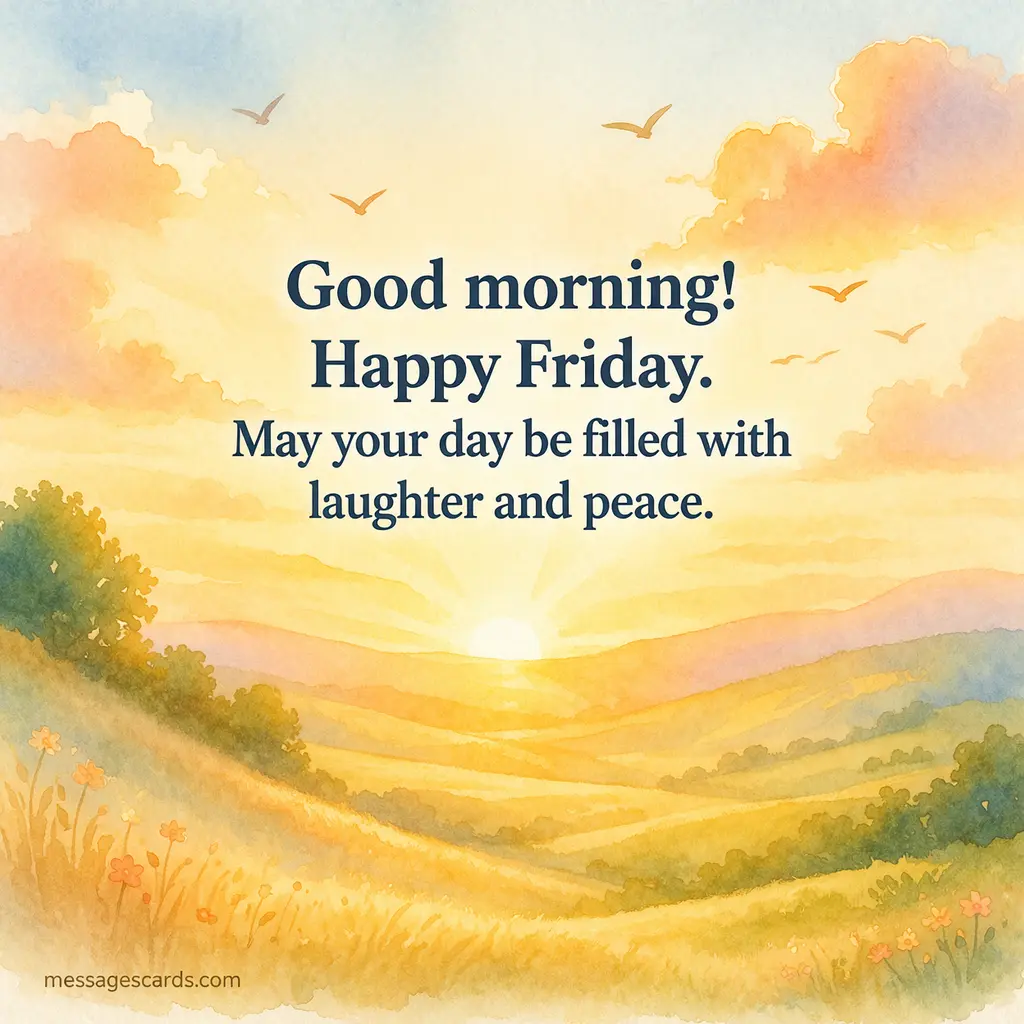 Soft illustrated sunrise scene conveying a peaceful Friday morning message about laughter and calm energy