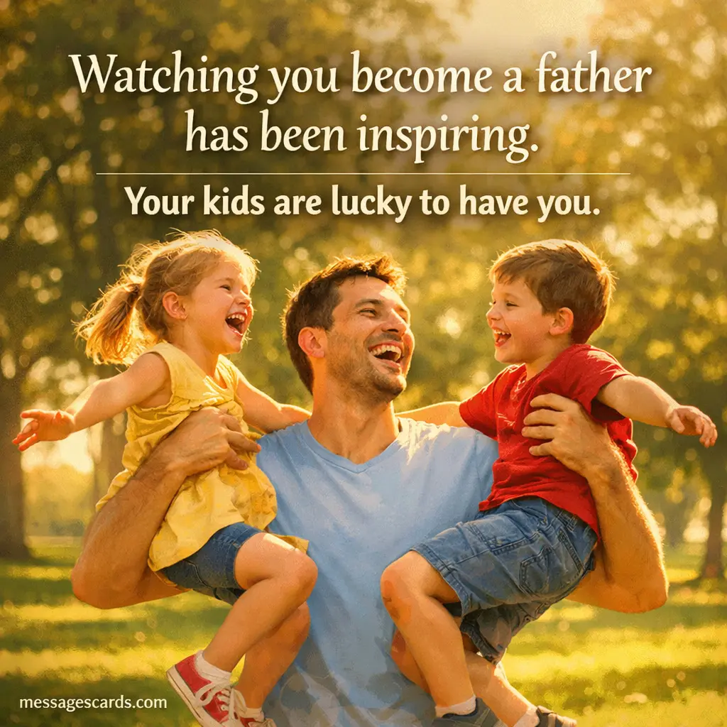 A warm illustrated scene of a father joyfully playing with his children in a sunny park, highlighting an inspiring message about fatherhood and admiration.