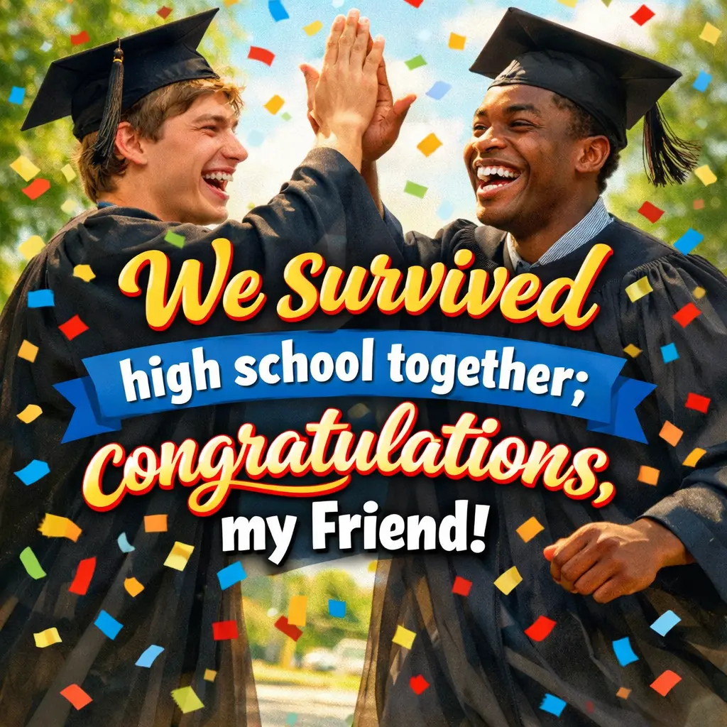 Two friends celebrating graduation together with joy and laughter, reflecting shared memories and success.