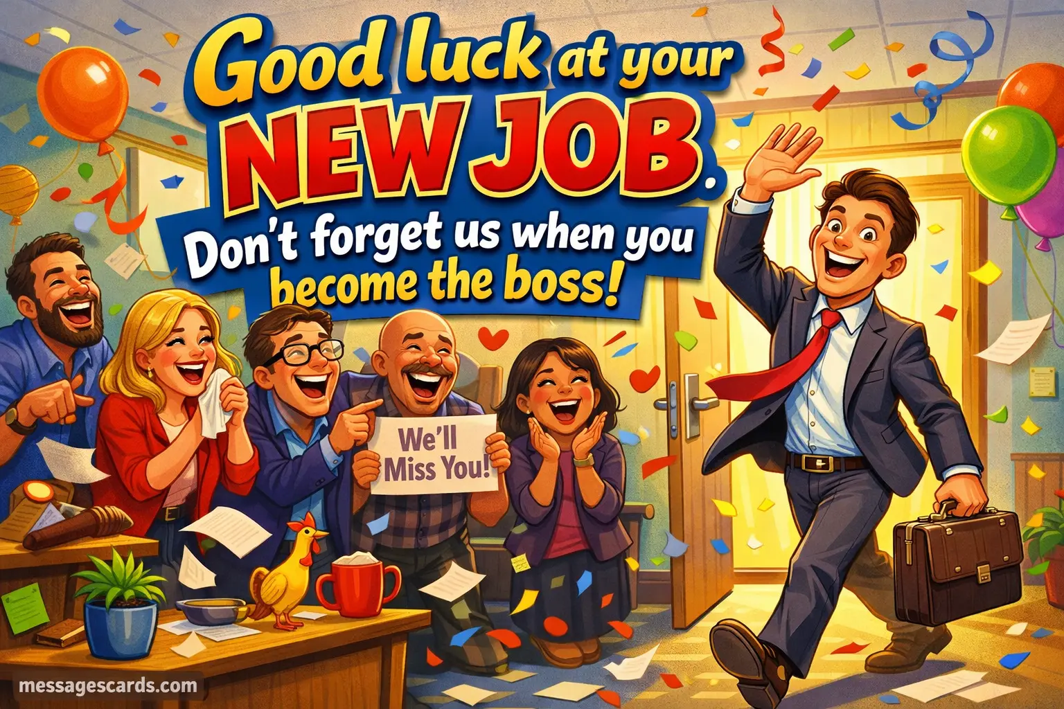 Playful cartoon-style office farewell scene featuring a humorous goodbye message about becoming the boss and not forgetting old coworkers