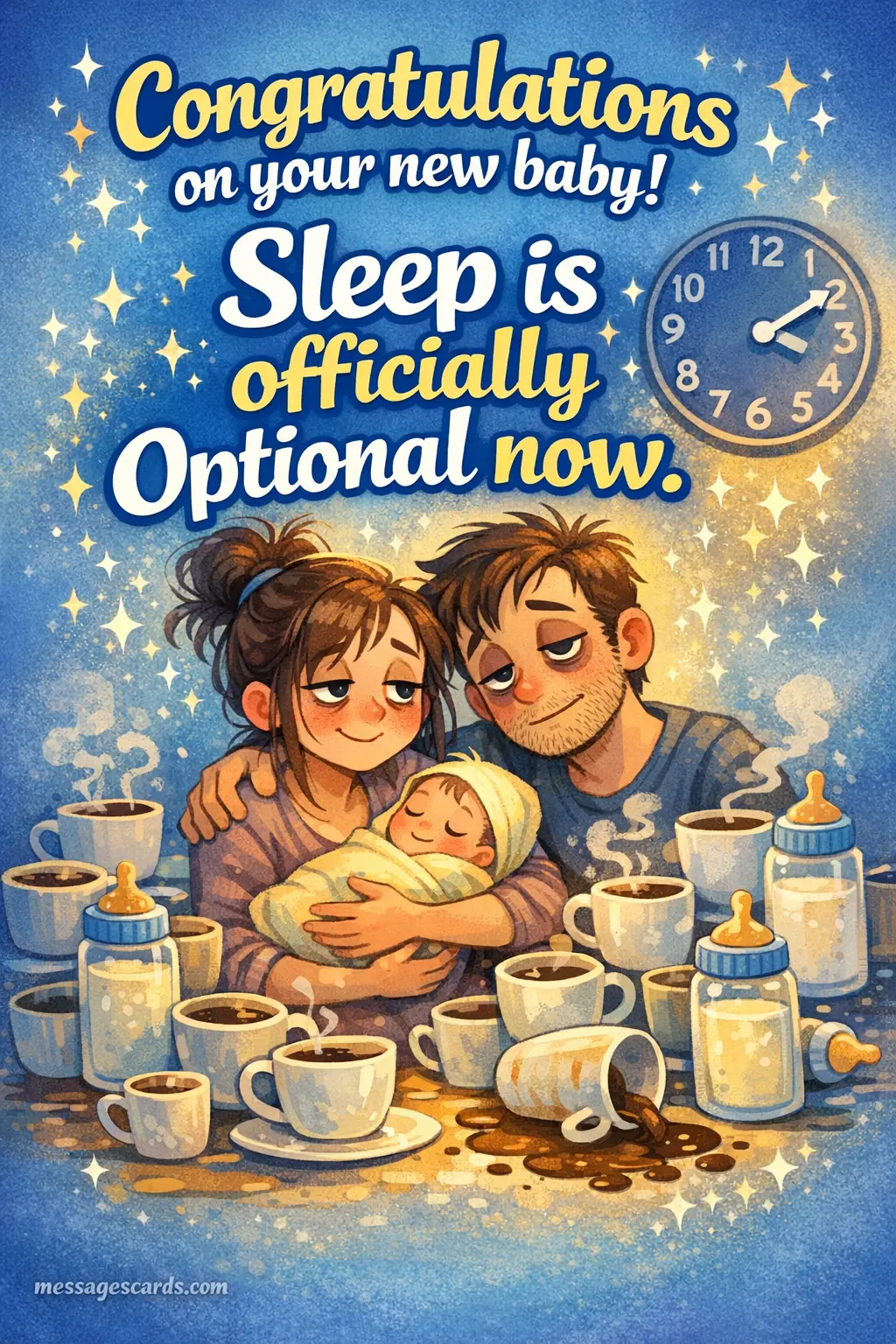 A playful illustration of tired parents with a newborn humorously highlighting sleep deprivation after having a baby.