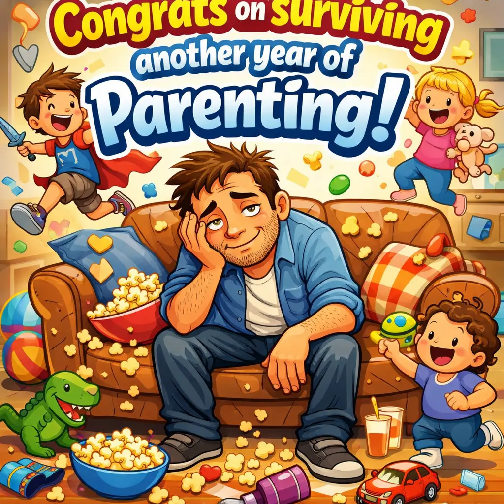 A funny cartoon-style illustration of a tired dad surrounded by playful chaos at home, representing the humorous side of surviving another year of parenting.