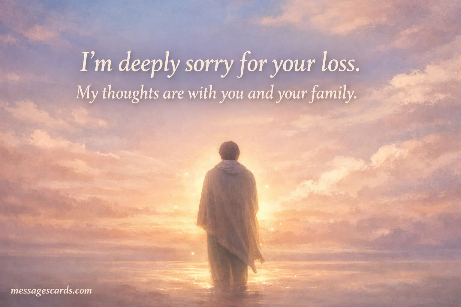 Soft illustrated condolence scene with calming sky and message expressing sympathy and support during loss