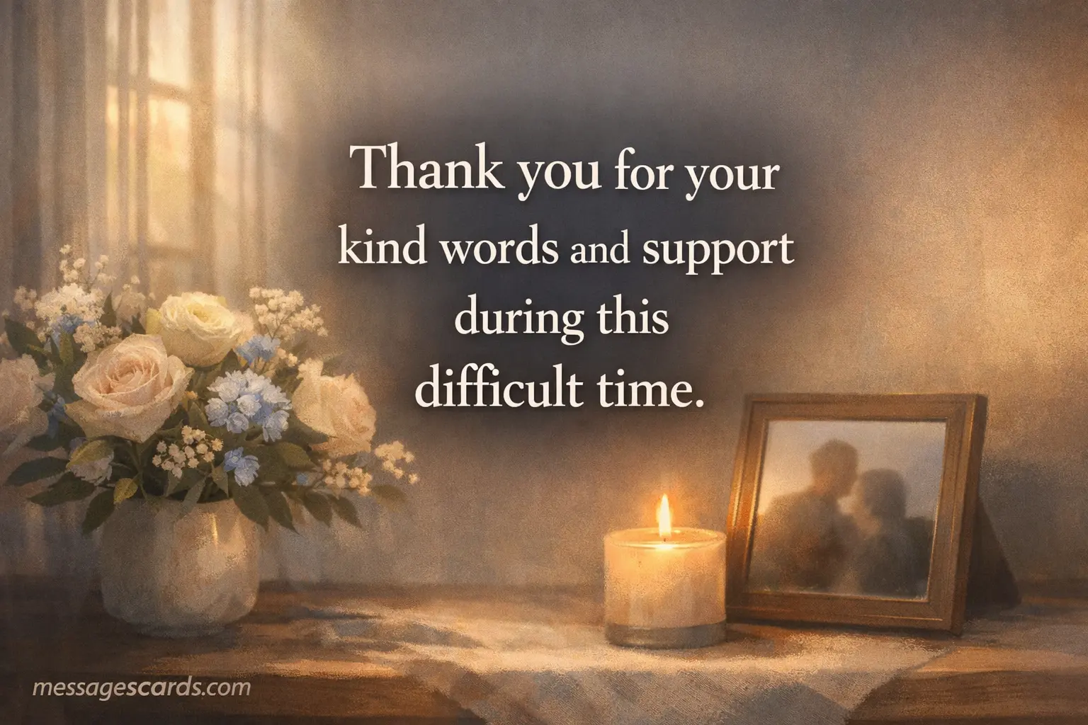 A calm indoor condolence scene with soft lighting, flowers, and a candle representing support and gratitude, featuring a sympathy thank you quote about kind words during difficult times.