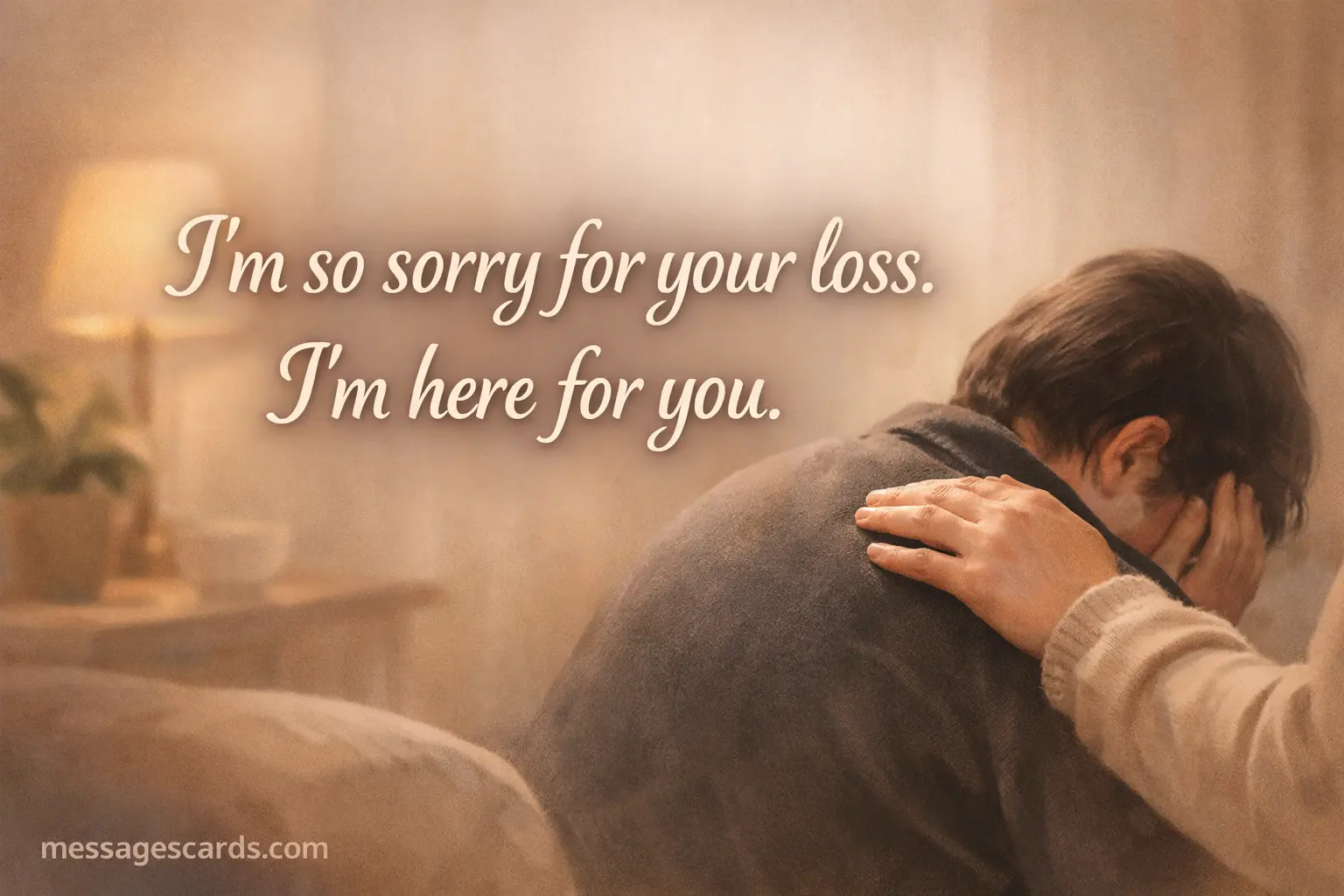A comforting illustrated scene showing emotional support between friends with a sympathy quote expressing care and presence during loss.