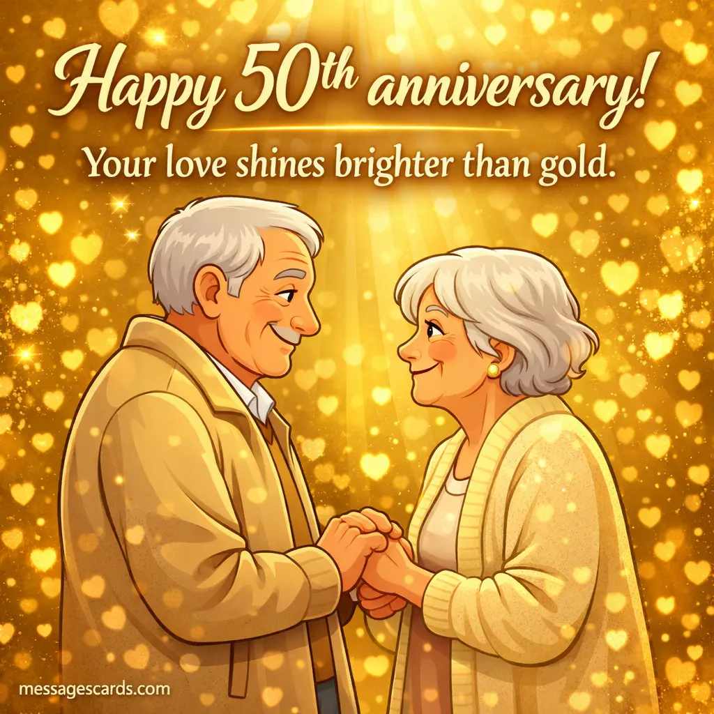Elderly couple holding hands under golden sunlight celebrating 50th anniversary with a quote about love shining brighter than gold