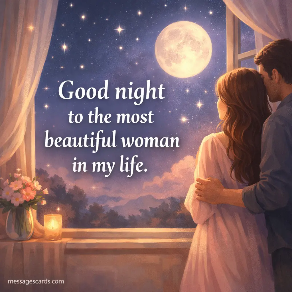 Romantic illustrated evening scene with a woman looking at the moon, paired with a heartfelt quote wishing good night to the most beautiful woman.