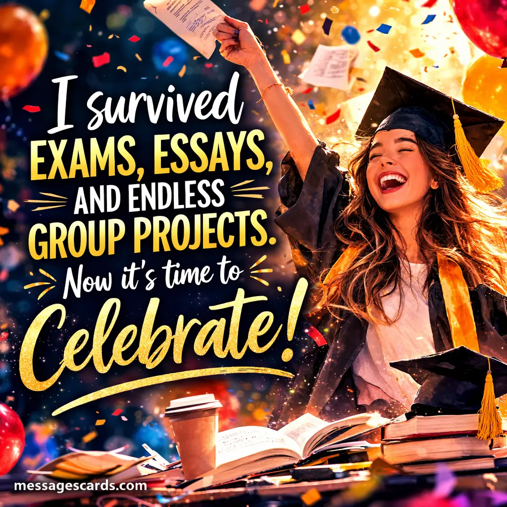 Joyful illustrated graduation celebration with confetti and a graduate throwing papers, featuring a quote about surviving exams and celebrating success