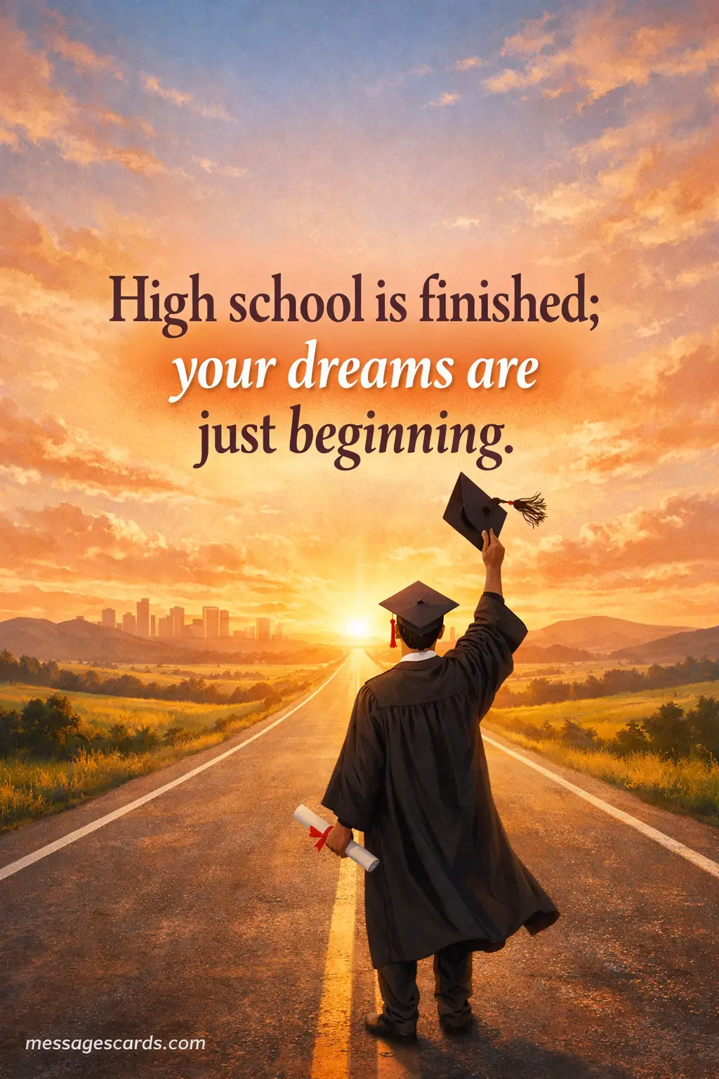A graduate looking toward a bright open road at sunrise, representing new beginnings and dreams starting after finishing high school.