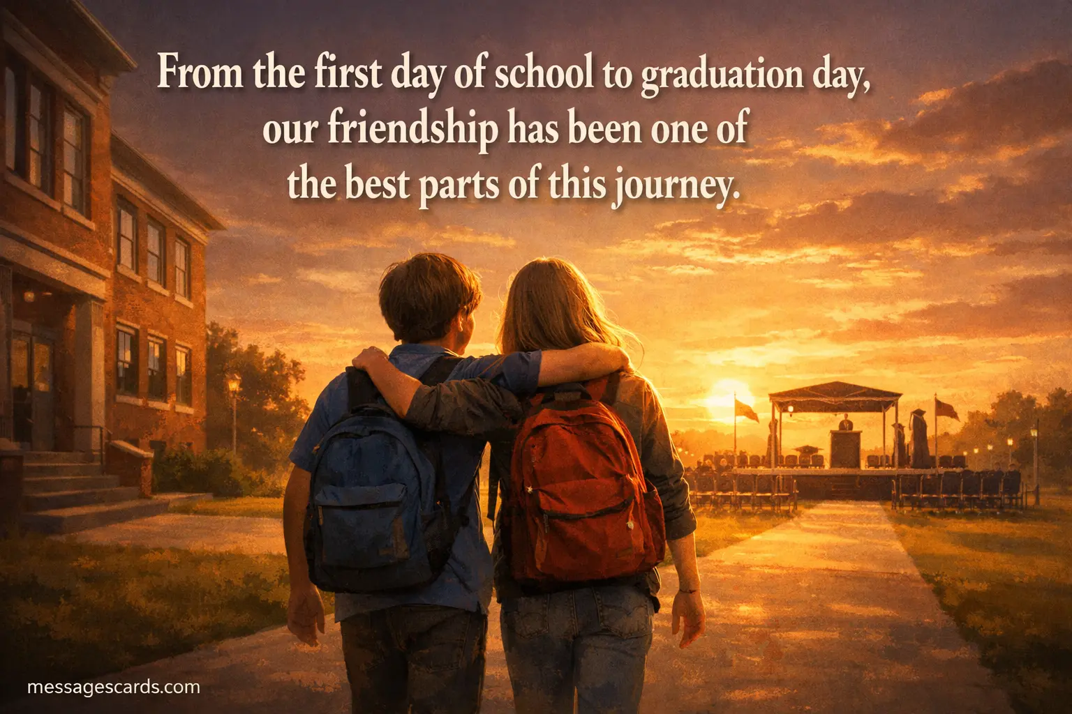Emotional illustration of two friends walking from school to graduation, highlighting the importance of friendship throughout the academic journey.