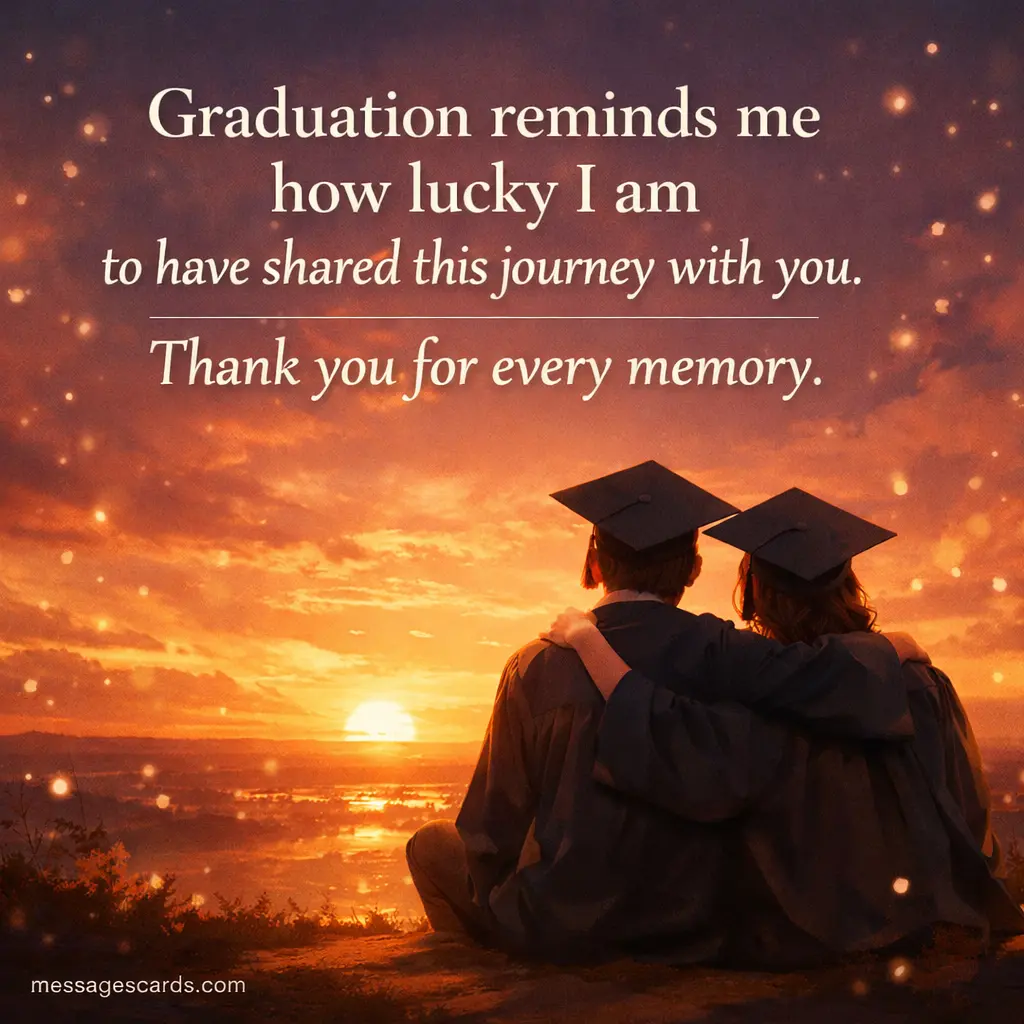 Warm illustrated scene of friends reflecting on memories at graduation, expressing gratitude and appreciation for shared experiences.