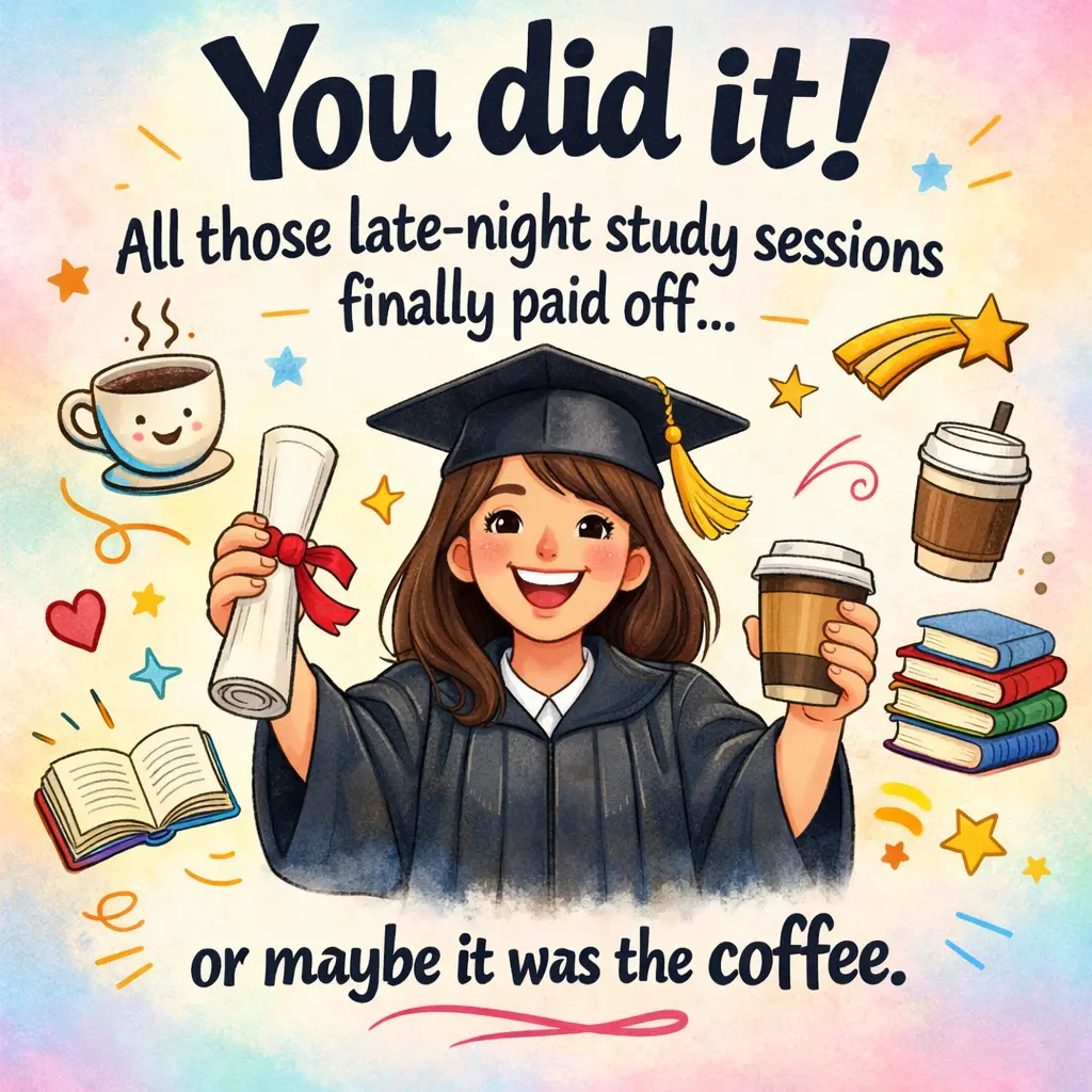 Playful illustrated graduate holding coffee and diploma, symbolizing humor and late-night study effort behind graduation success.