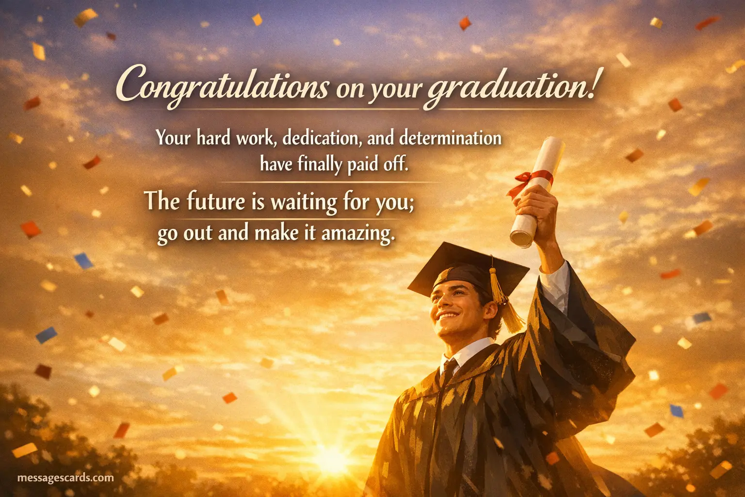 Illustrated graduation scene with a student holding a diploma under a glowing sky, representing success and a bright future with a congratulatory message about hard work and achievement.