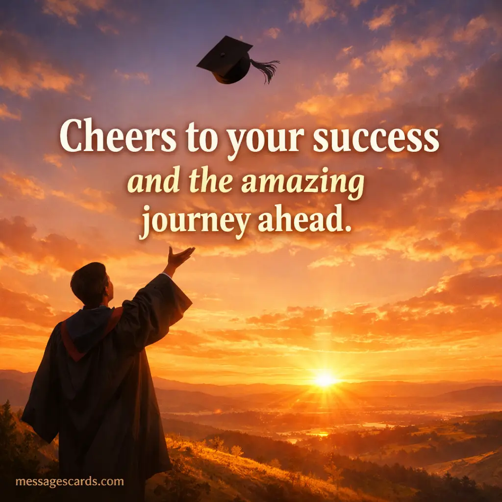 A semi-realistic illustration of a graduate standing on an open road facing a sunrise horizon, symbolizing new beginnings and future dreams after high school graduation with an inspirational quote.