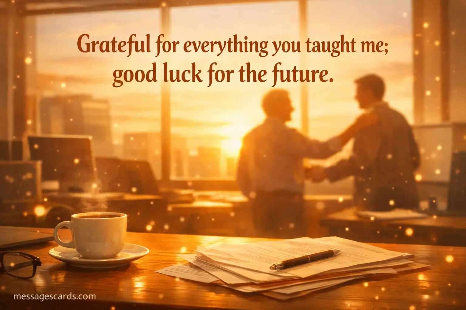 A warm illustrated office farewell scene with sunset light highlighting gratitude for a manager’s guidance and wishing them future success.