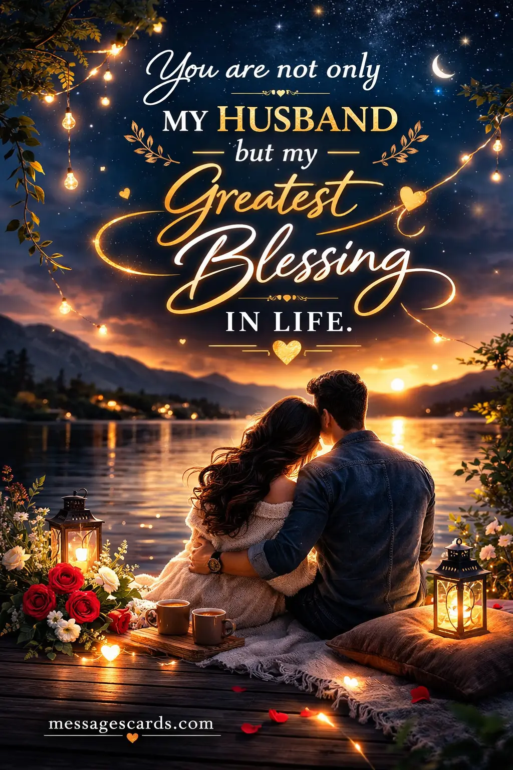 Peaceful night scene of a couple under soft lights symbolizing emotional connection and gratitude for a husband as a blessing