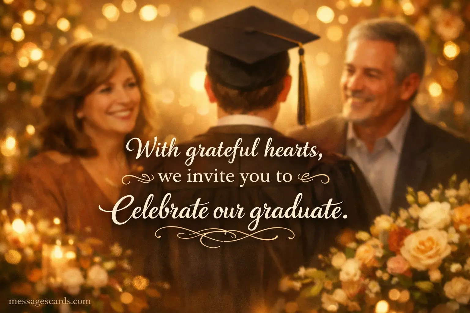 Warm family graduation gathering illustration with emotional atmosphere, featuring a heartfelt invitation message to celebrate a graduate
