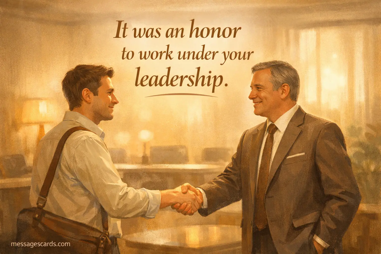 A respectful illustrated handshake farewell emphasizing honor and appreciation for working under great leadership.