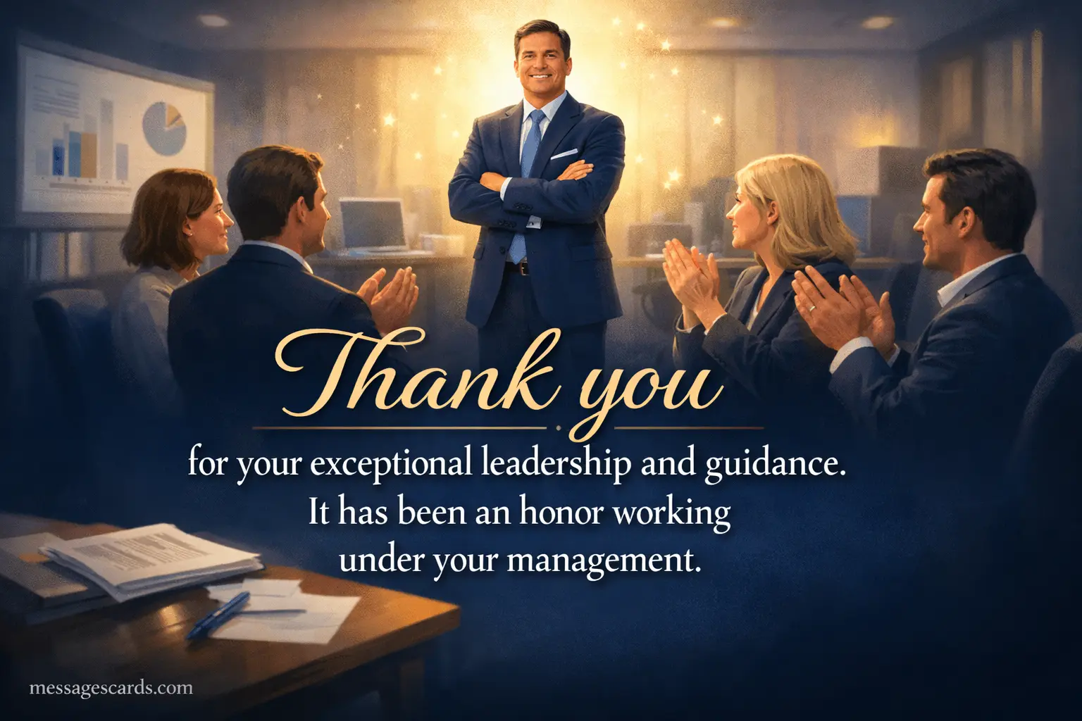 A professional illustrated leadership tribute scene showing respect and gratitude for exceptional management and guidance.