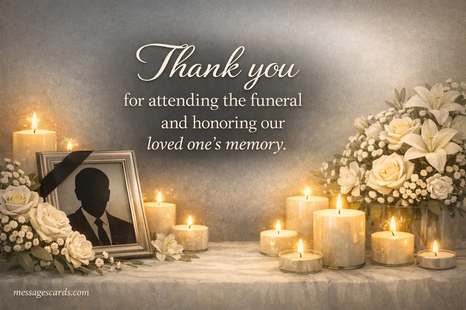 A respectful memorial illustration with candles and flowers honoring a loved one, paired with a thank you message for attending a funeral and paying tribute.