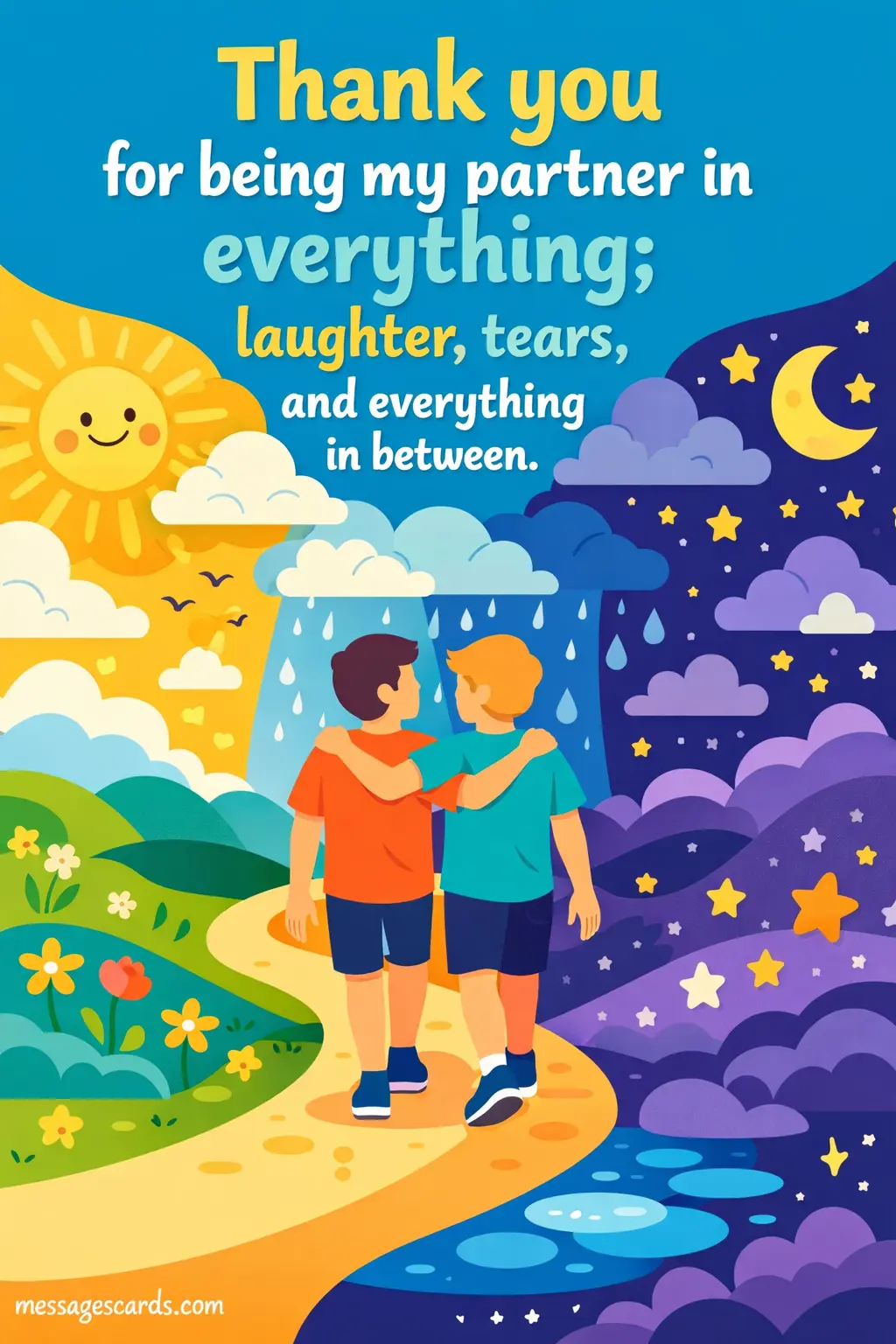 Colorful illustration of two friends walking together through sunshine rain and stars representing shared life moments and appreciation for a friend who is always there through everything