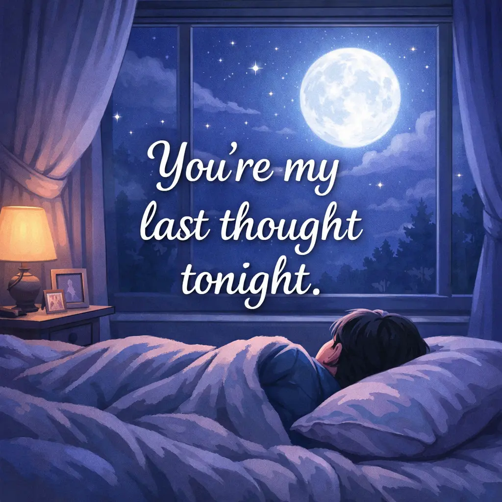 Calm bedtime illustration with soft moonlight through a bedroom window, highlighting a romantic quote about someone being the last thought before sleep.