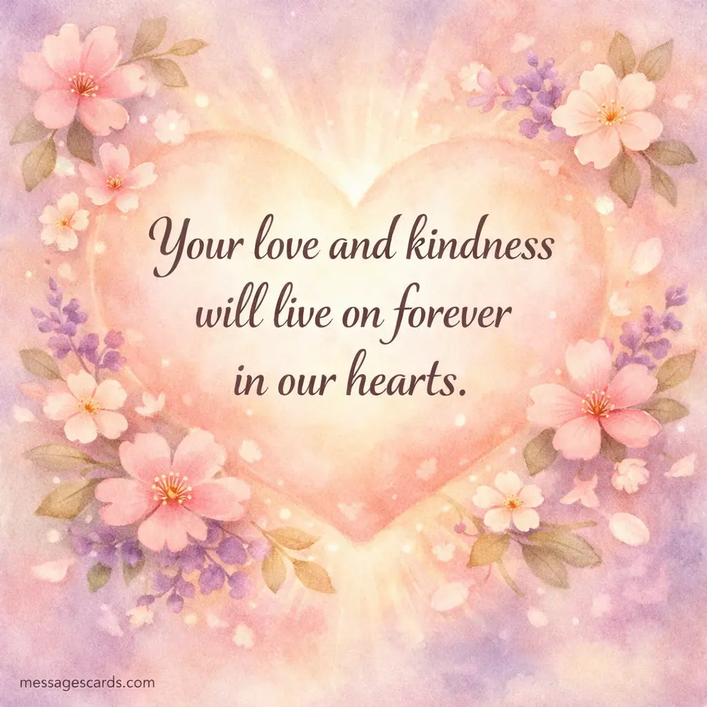 Soft watercolor heart-shaped glow with flowers symbolizing eternal love and remembrance with a sympathy quote about kindness living on forever.