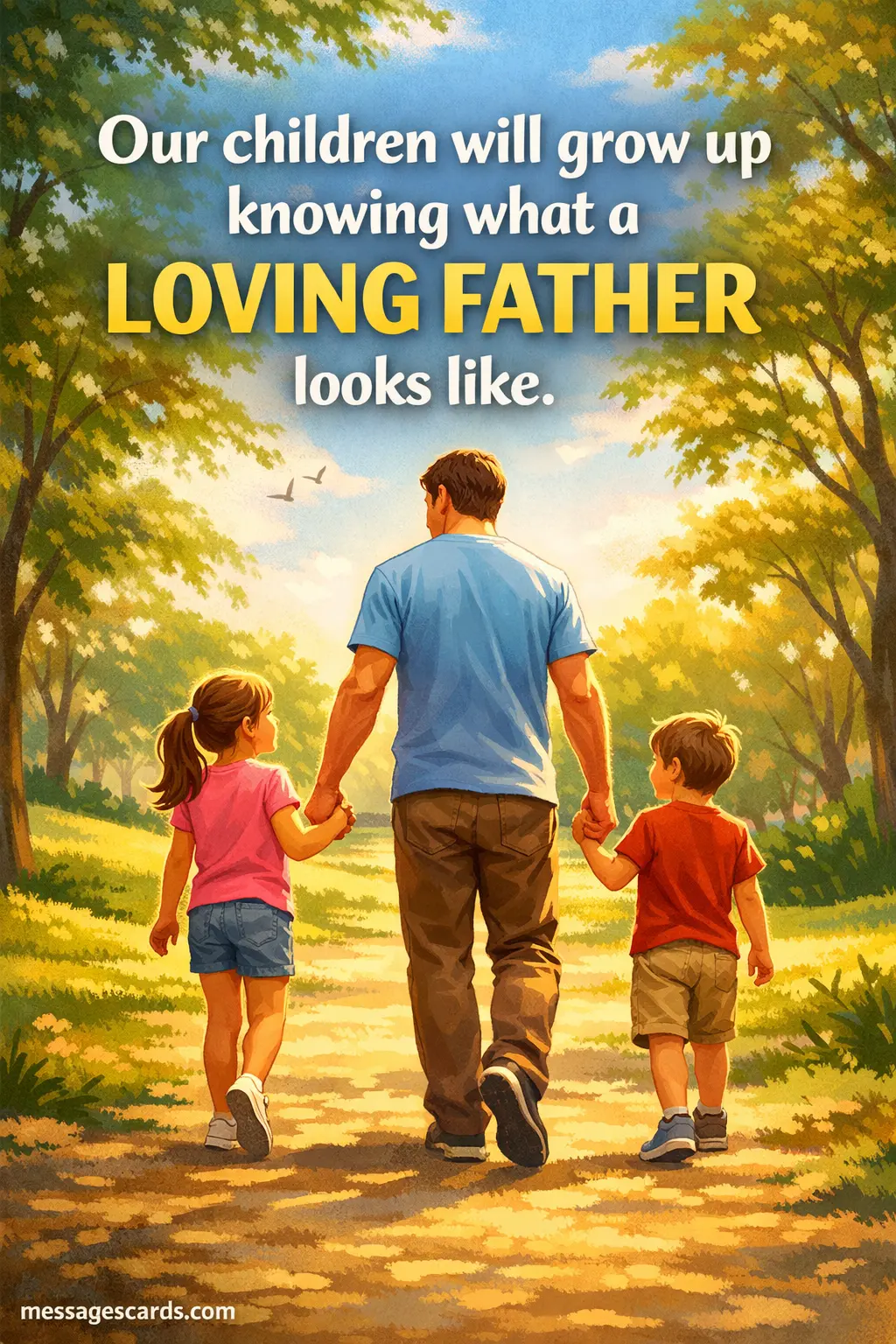 A peaceful outdoor scene of a father guiding his children, symbolizing love, support, and strong parental influence.