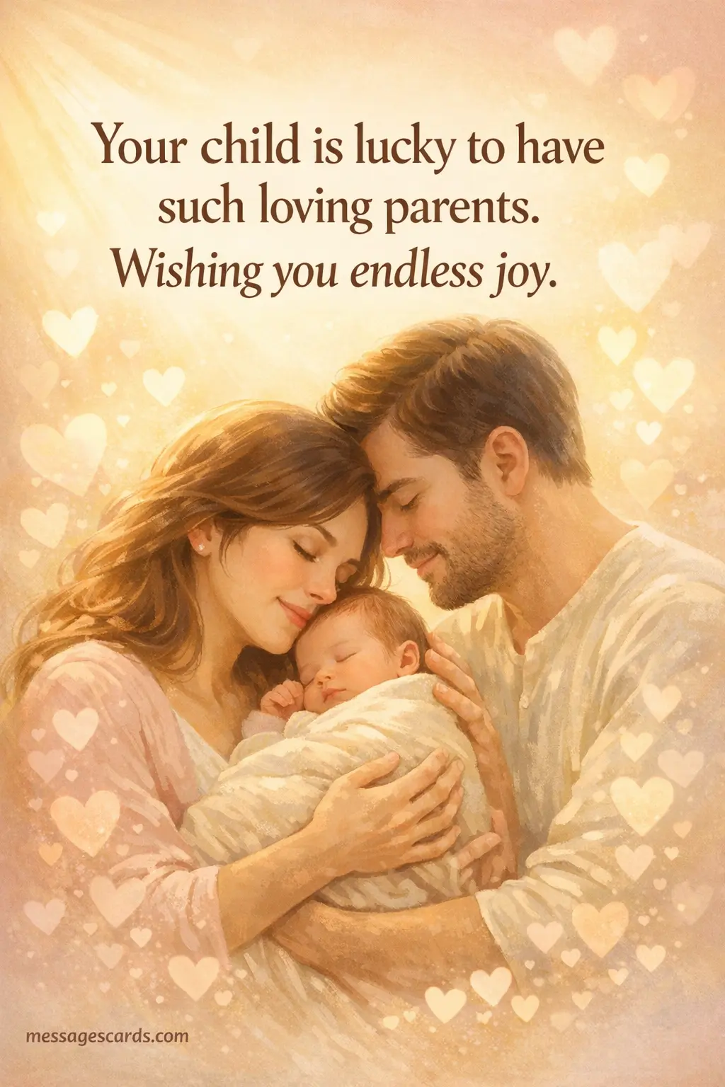 A tender parenting moment emphasizing love and joy with a heartfelt message about caring parents and happiness.